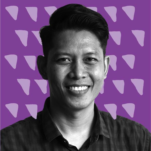 B&W Picture of Aristofani Fahmi against a purple graphic background.