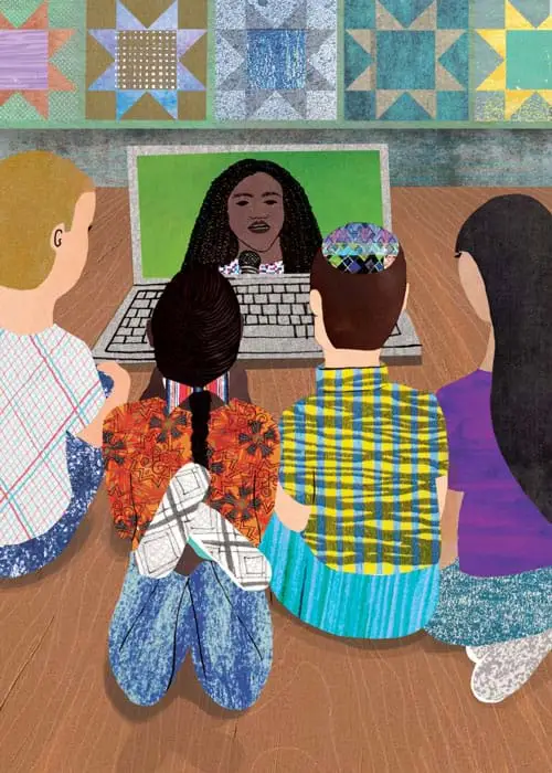 Evocative illustration of children gathered around laptop