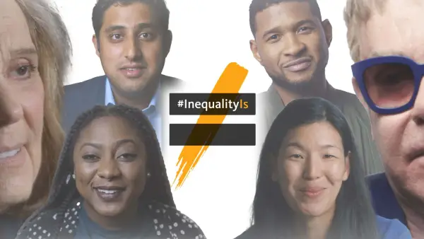 Graphic of #InequalityIs with stills of Gloria Steinem, Alicia Garza, Rajiv, Joshi, Ai-jen Poo, Usher, and Elton John.