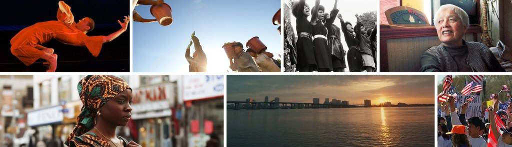 A collage of stills from JustFilms funded films including a dancer in a backbend lit by orange stagelights; people with medium skin tones holding baskets and buckets; a black and white photo of Black women raising their fists in the Black Power symbol; Grace Lee Boggs smiling by a window; people with medium dark skin tones waving US flags in the air with a sign that reads "We Are Not Criminals"; a wide shot of the ocean and a city skyline; and Danai Gurira wearing a colorful printed head scarf w