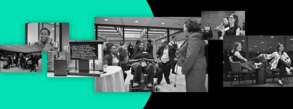 A collage of images depicting a gathering of people, some with disabilities,  in a glass lined room at the Ford Foundation.