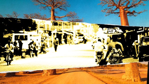 Collage of baobab trees in the savannah and people in a street of West Africa.